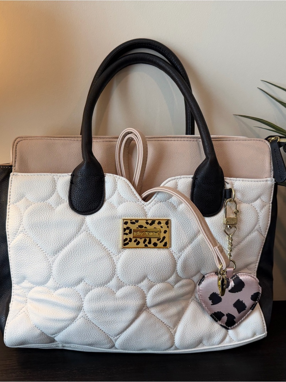 Betsey Johnson White Quilted Heart Tote with Black Handles and Blush Trim